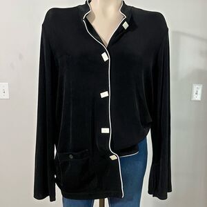 Vintage 90’s Slinky Brand Black Jersey Button Top Y2K White Trim Flare Sleeve M
